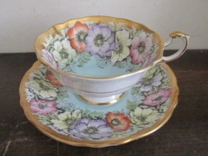 Paragon England Porzellan Teetasse und Untertasse Mohnblumen auf Gold Blau - Bild 1 von 10