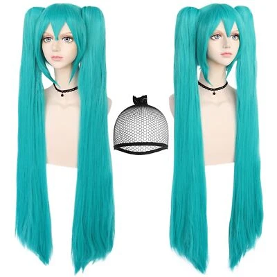 Hair Cap+48inch/120cm Green Wig Cosplay Green Teal wig Double Ponytail Wig Lo... - Image 1 of 4