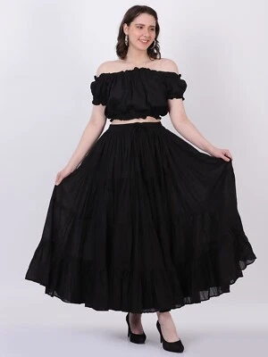 Mujeres 12 yardas Egipcio Oriental Algodón Largo Maxi Elástico Cintura Falda Color Negro Foto 1 de 4