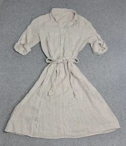 Max Studio Dress Womens Medium Beige Stripe Linen Blend Belted Shirtdress Midi - Picture 1 of 16