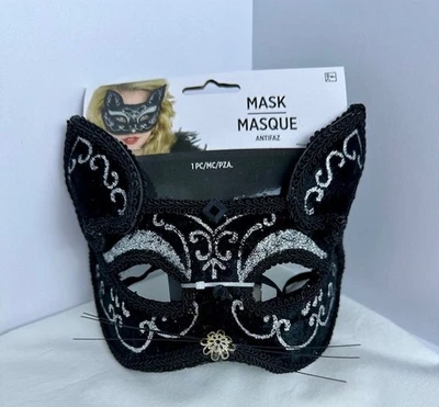 Meia máscara de Halloween gato preto prata glitter - Imagem 1 de 4