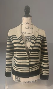 LOFT Strickjacke Baumwolle Strick Jacke Pullover hellbraun gestreift schwarz kleiner Einknopf - Bild 1 von 7