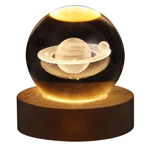 3D Crystal Ball Lamp with Galaxy & Planet Projection USB Wooden Base Night Light - Picture 1 of 7
