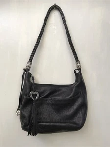 Brighton BARBADOS Black Pebbled Leather Hobo Braided Strap Shoulder Bag - Picture 1 of 7