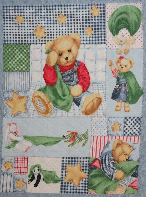 Blue Jean Blankie Bear Pre Quilted Sewing Quilting Cot Panel Cotton Fabric  - Image 1 of 1