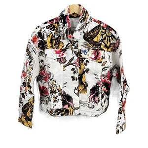 Desigual Denim Jacket White Floral Button Front Womens Size Small New - Picture 1 of 7