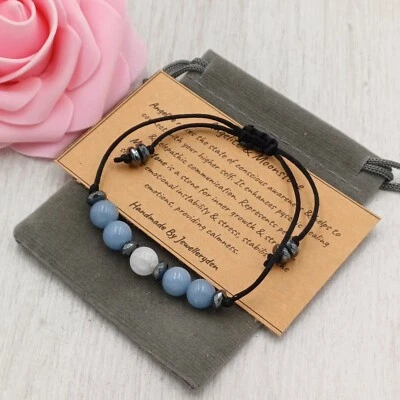 АНГЕЛИТ и ЛУННЫЙ КАМЕНЬ регулируемый браслет ручной работы кристалл исцеления драгоценный камень 8 мм - Изображение 1 из 4