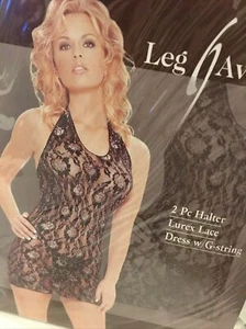 Cute AND Sexy LEG AVENUE 2PC Lurex Lace Halter Dress W/ G-string Size S/M BLACK - Picture 1 of 7