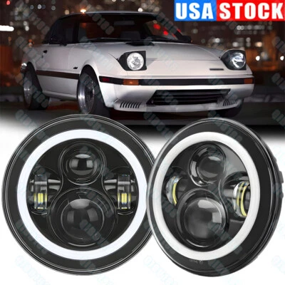 For Mazda RX-7 1979-1985 Pair Round LED Headlights High-Low Beam DRL Angel Eyes - Image 1 of 4