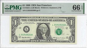 1999 $1 SAN FRANCISCO FRN. PMG GEM Uncirculated 66 EPQ Banknote. - Picture 1 of 2