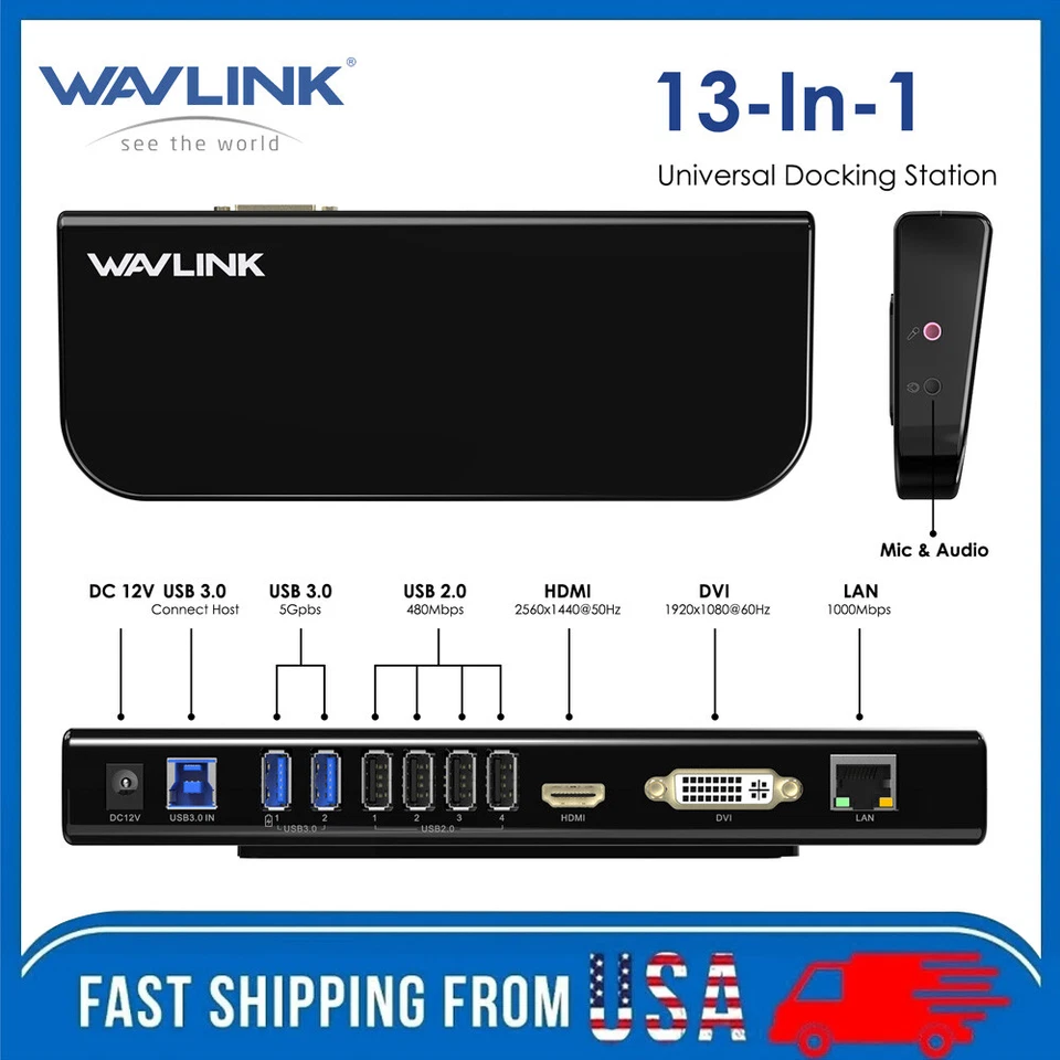 Wavlink Universal Laptop Docking Station 2K Dual Video Monitor DVI/HDMI/VGA/LAN