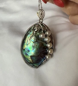 Large Sterling Silver 925 Abalone MOP & Pearl Pendant w 18" 925 Chain - Picture 1 of 7