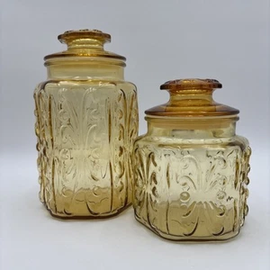 Vintage L E Smith Amber Topaz Glass Canister Set of 2 with Lids - 6.5" & 9" Jars - Picture 1 of 12