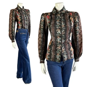 VTG 70S LUCIE LINDEN BLACK BROWN RED BLUE FLORAL FOLK PETER PAN COLLAR SHIRT 12 - Picture 1 of 14