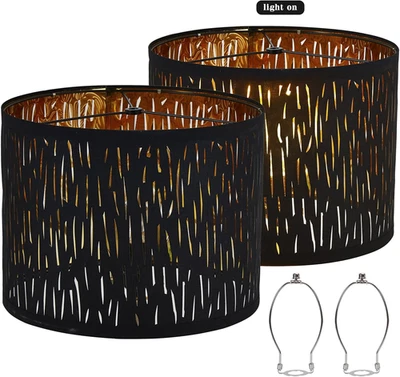 Set of 2 Drum Lamp Shade 13" Top X 13" Bottom X 9" High (Spider) Black Pattern C - Image 1 of 4