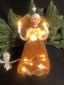 Vintage Weihnachten ~ Engel Baumspitze ~ Keramik Gesicht ~ Kupfer Netz Kleid ~ beleuchtet - Bild 1 von 12