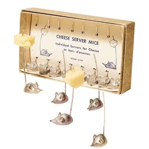 Vintage-Inspired Silver Zinc Cheese Server Mice Pick Set - Picture 1 of 6