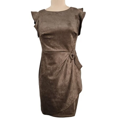 New DKNY Chocolate Brown Faux Suede Flutter Sleeve Faux Wrap Dress 6 Y2K Velour - Image 1 of 4