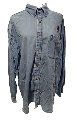 Harriton  Blue Denim Mens Shirt 2XL Logo American Veteran Long Sleeve Button Up - Image 1 of 4