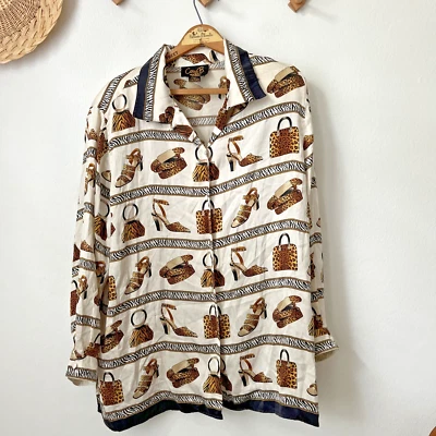 De Colección Seda Monedero Animal Zapato Estampado Blusa Botón 1X Negro Blanco Tostado Foto 1 de 4