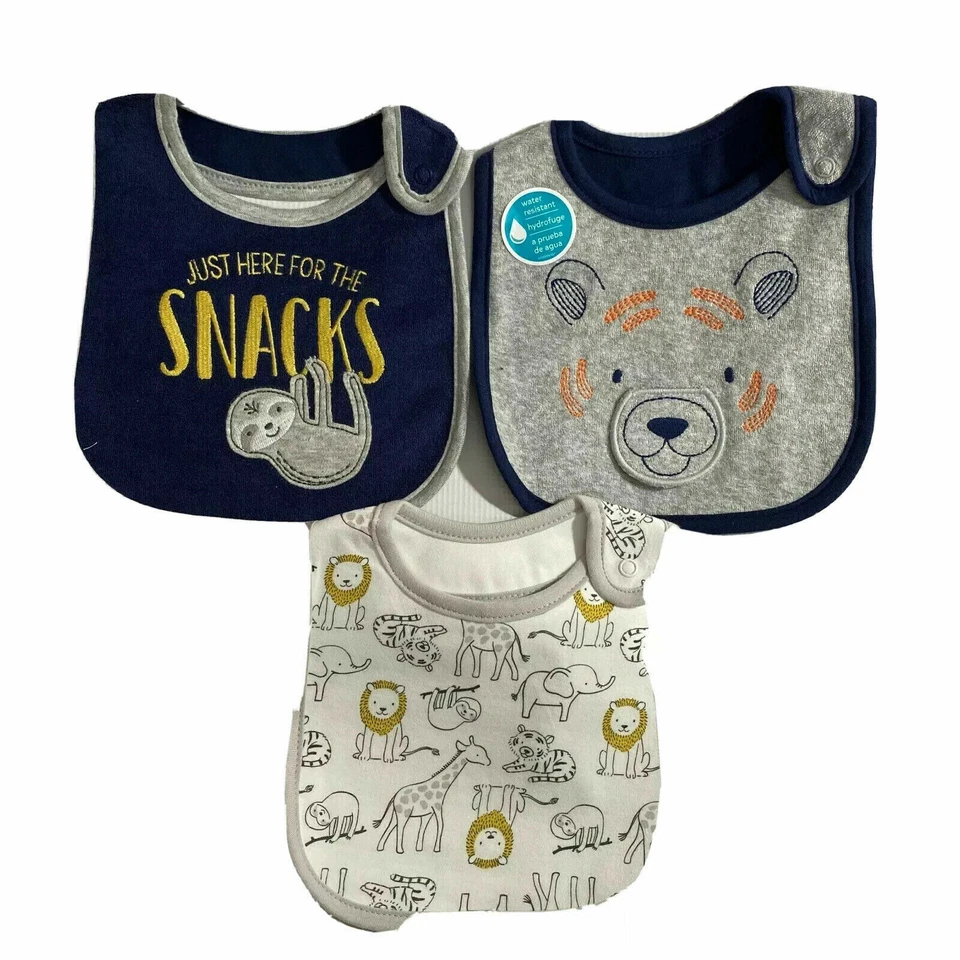 Paquete de 3 baberos para bebé Carters bebé suave cuello a presión jirafa oso perezoso Foto 1 de 1
