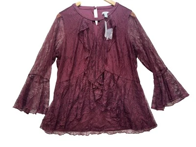 Blusa túnica Isaac Mizrahi Live para mujer talla 18 W manga campana encaje borgoña nueva con etiquetas Foto 1 de 4