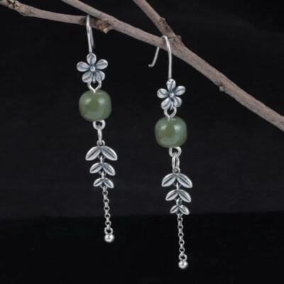 A22 Orecchino Giada Verde Fiore E Foglie Argento Sterling 925 - Immagine 1 di 4