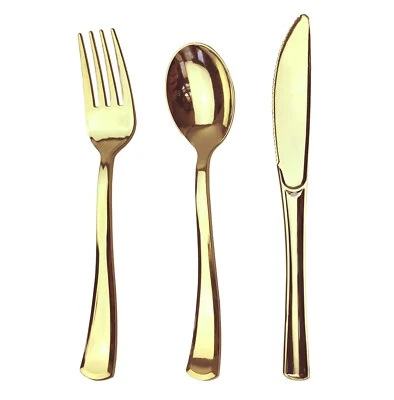 JL PRIME 75 Piece Gold Plastic Silverware, Reusable Set, Forks, Spoons, Knives, 25 Each