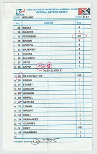 8-21-10 Midland Rockhounds Game Used Lineup Card - Oakland Athletics - Picture 1 of 1