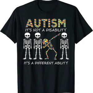 Autism It's A Different Ability Dabbing Skeleton Unisex T-Shirt - Picture 1 of 20