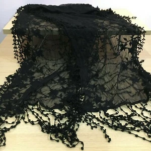 Great Gift - Tu Beautiful Black Embroidered Double-Tassel Scarf Floral Design - Picture 1 of 9