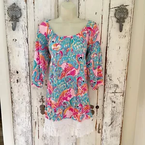 Lilly Pulitzer Alia Peel Eat Flamingo Size Small Fringe Blue Pink Shift Dress - Picture 1 of 8
