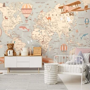 FONDO FOTOGRÁFICO 368x254cm niños dormitorio pared mural mapa del mundo aventura - Imagen 1 de 8