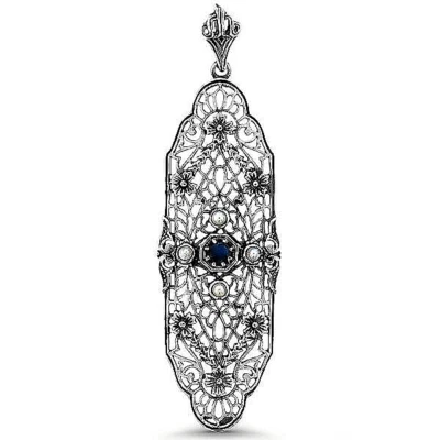 GENUINO ZAFIRO Y PERLA PLATA ESTERLINA 925 DECO ESTILO ANTIGUO COLGANTE 421X Foto 1 de 2