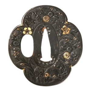Japan Antik Alt Kinko Schule Shakudo Blume Schmetterling Tsuba NBTHK Papier Box - Bild 1 von 6