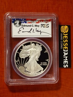 2008 W PROOF SILVER EAGLE PCGS PR69 DCAM EDMUND MOY HAND SIGNED FLAG LABEL - Image 1 of 2