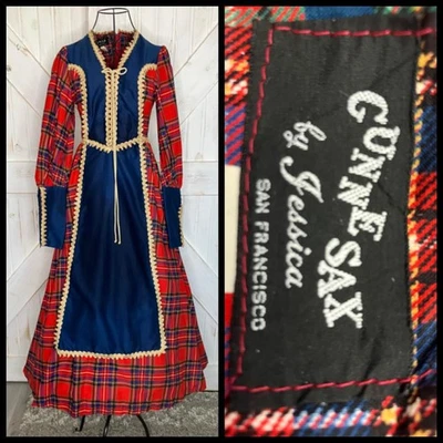 Vestido Ren Faire Corsé a Cuadros Vintage Gunne Sax Etiqueta Trasera Rojo Azul Tartán Años 70 Foto 1 de 4