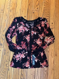 Apt. 9 Women's Blouse Petite Small Floral Ruche Long Sleeve V Neck Kohl's NWT - Picture 1 of 11