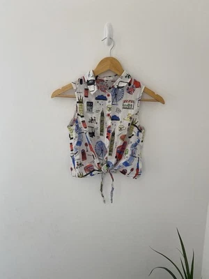 Next Girls Age 12 Rare London Print Cropped Shirt Blouse Top Tie Front - Image 1 of 4