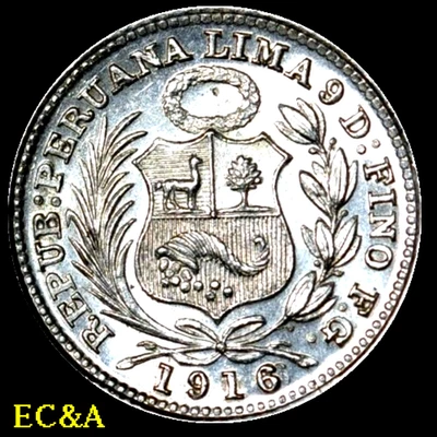 1916/6 PERU 1/2 DINERO .90 SILVER OVERDATE PRISTINE GEM (WC067) - Image 1 of 3