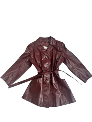 Chaqueta de Colección Años 70 Borgoña Longitud Media Por Direcciones Clásicas Cintura Corbata Ajustada Foto 1 de 4