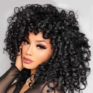 Curly Wigs for Black Women 14 Inch Curly Wig with Bangs For Withe Women Kinky... - Picture 1 of 7