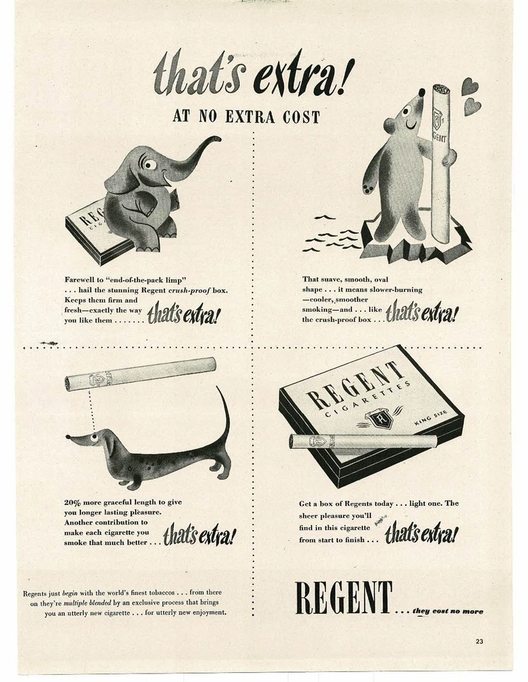1946 Regent Cigarettes Elefante Urso Polar Dachshund arte Impressão Vintage Anúncio - Imagem 1 de 1