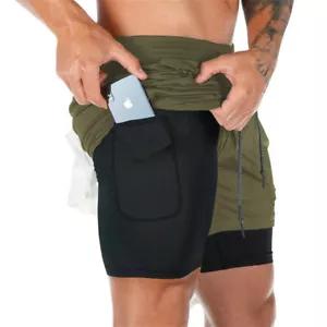 Pantaloncini da corsa con tasche telefono pantaloni sportivi jogging asciugatura rapida UK uomo 2 in 1 - Foto 1 di 11