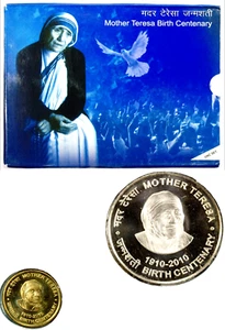 Juego de 2 monedas de plata República de la India 2010 k Madre Teresa Mint Calcuta como nuevas RARO - Imagen 1 de 4