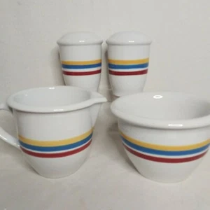 Corelle Primary Color Striped Sugar Bowl Creamer Salt Pepper Set Of 4pc Retro - Picture 1 of 22