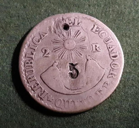 ECUADOR - 1837 silver 2 Reales - holed/countermared '5' (x3) - FINE-VF Cover