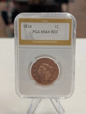 1834 Coronet Head Large Cent 1c MS64 RED  Small 8 Large Stars Medium Letters!  - Image 1 of 4