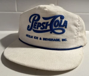 Vintage Pepsi Cola SnapBack Corduroy Hat Cap White Blue Script Made In USA - Picture 1 of 7