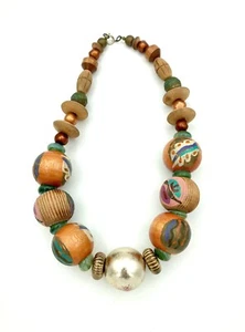 "Collar de cuentas de madera pintada gruesa hecho a mano vintage - 20"" de largo" - Imagen 1 de 3